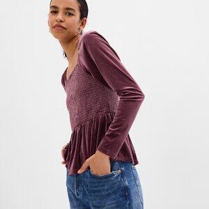 GAP Puff Sleeve Smocked Peplum Velvet Top
